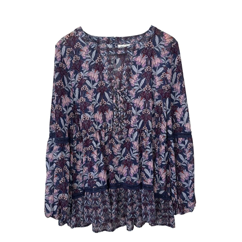 Skylar & Jade Peasant Boho Blouse 1X Eyelet‎ Crochet Lace Up Front w/Tie Purple